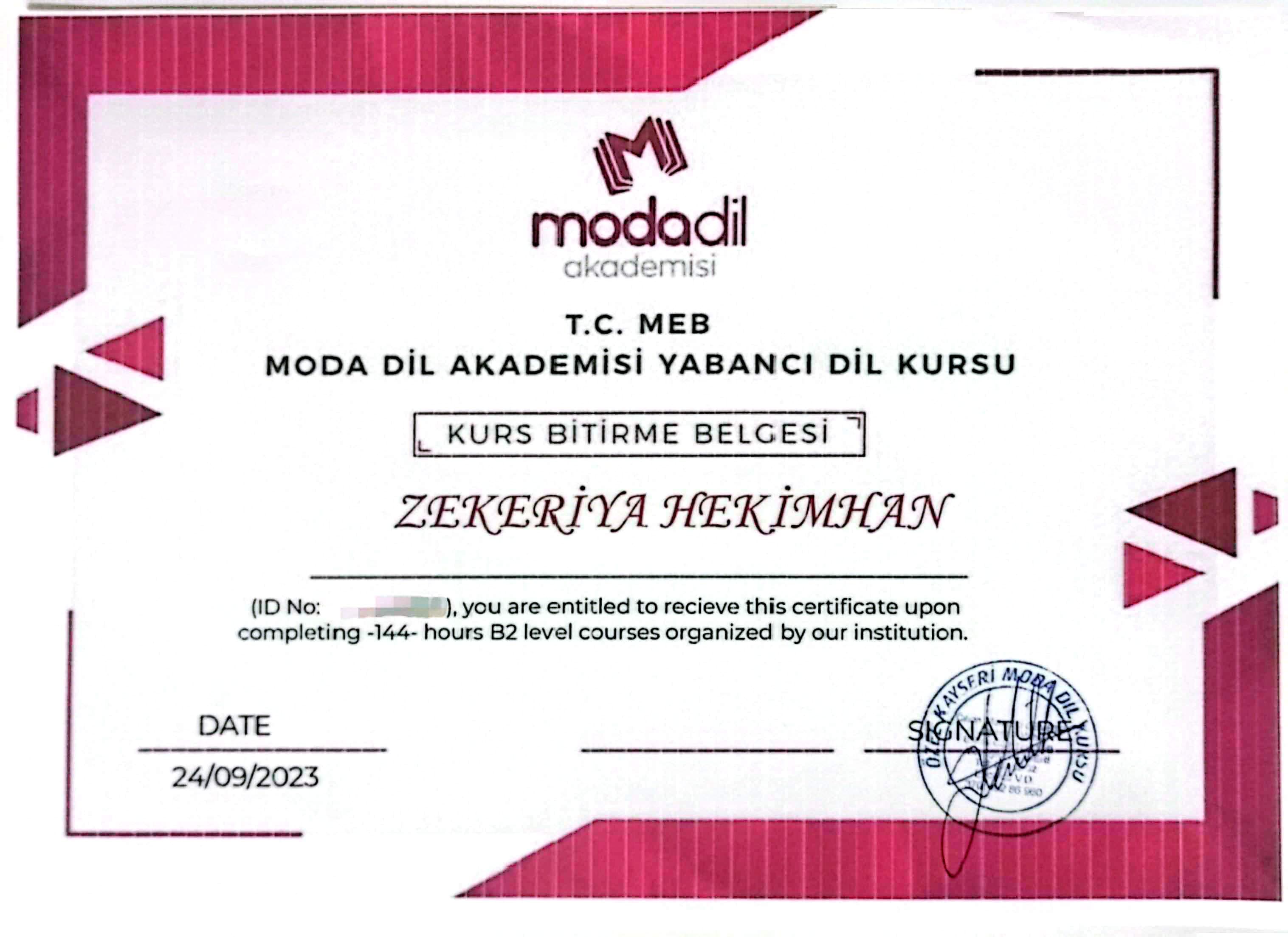 Moda Dil Akademisi - B2 Seviye İngilizce Kurs Bitirme Belgesi