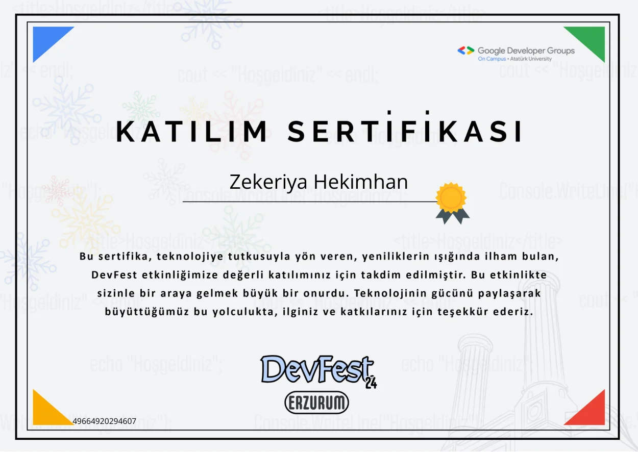 DevFest Erzurum - Katılım Belgesi