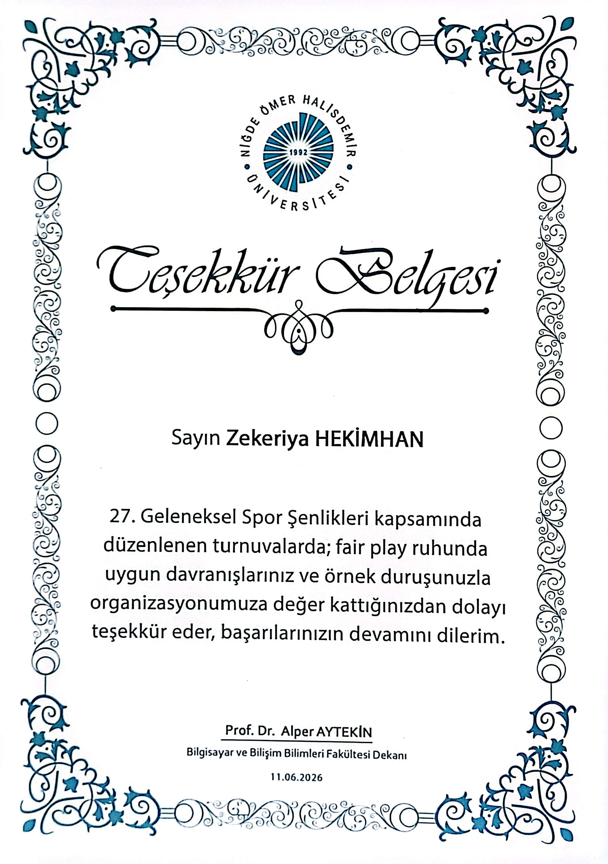 NÖHÜ 27. Geleneksel Spor Şenlikleri - Teşekkür Belgesi